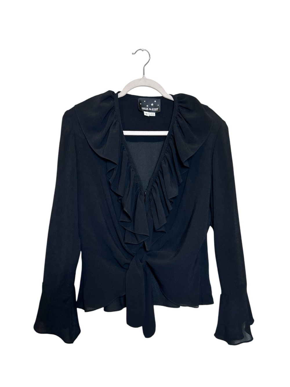 Vintage Black Ruffle Tie-Front Blouse with Bell Cuffs